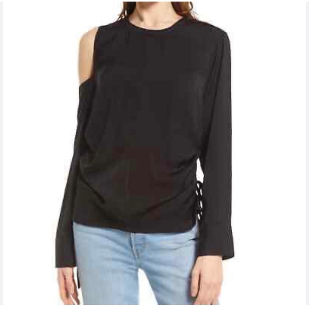 Nordstrom Open Edit Women’s Single Cold Shoulder Black Satin Top Side Ties XS